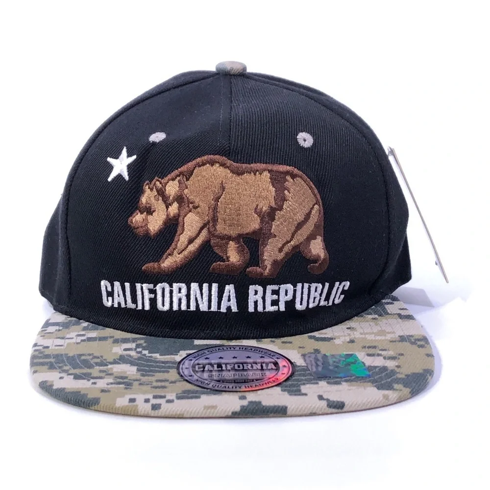 Mens California Republic Grizzly Bear Embroidered SnapBack Baseball Cap Hat